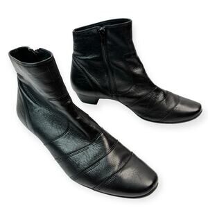 Paul Green Leather Ankle Bootie Side Zip Block Heel Square Oval Toe Black Size 7